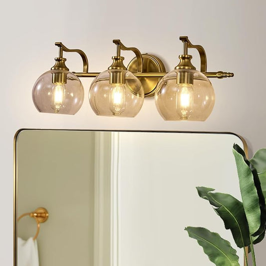 ANDY STAR Gold Bathroom Light Fixtures, Antique Brass Vanity Light, 3 Lights Wall Light with Globe Clear Lampshade, Vintage Wall Sconce with Metal Lamp Body for Bedroom, Living Room, Hallway