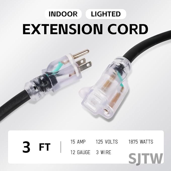 EP 3 Ft Outdoor Extension Cord, 12/3 SJTW Heavy Duty Waterproof Power Cable, 3 Prong Grounded Plug, Lighted End, for Lawn, Garden, Appliances, Black