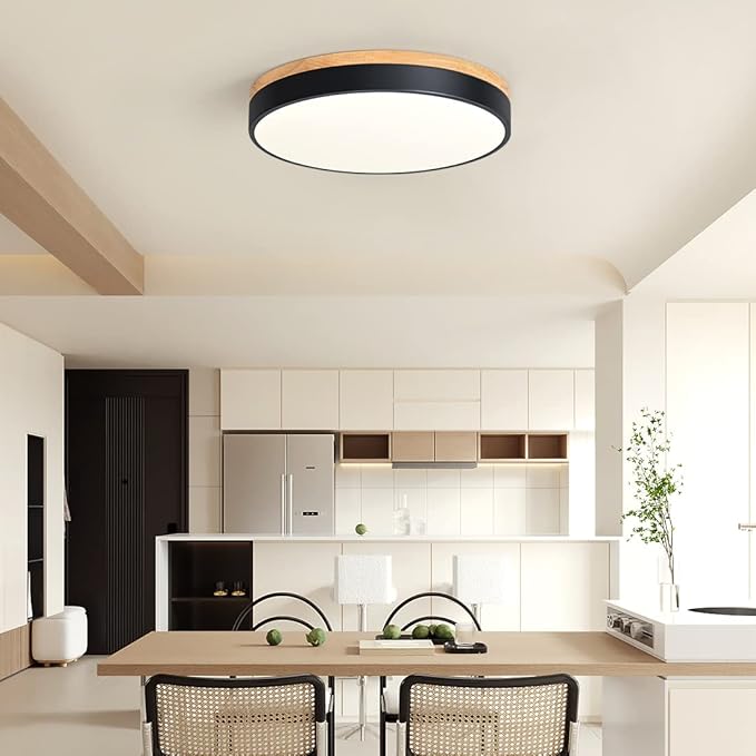 Dimmable Modern Wood Ceiling Light, Black LED 5CCT 2700K-6000K Flush Mount Ceiling Lighting Fixture, Round Light Fixtures for Kitchen Living Room Dining Room Bedroom 15.8in