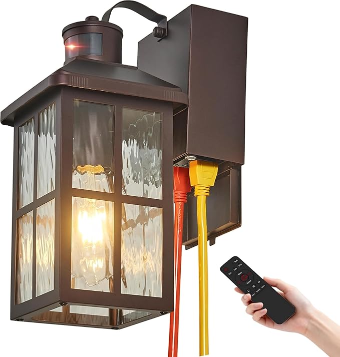 Porch Light with GFCI Outlet with Remote, Dusk to Dawn Outdoor Lighting with Outlet, Upgraded 4 Lighting Modes Motion Sensor Outdoor Lights, Waterproof Outside Lights for House Patio Garage Front Door