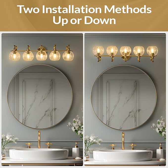 ANDY STAR Brushed Gold Bathroom Light Fixtures, 5-Light Vanity Lights for Mirror, 35 Inch Modern Wall Sconces Lighting with Globe Clear Shade Up or Down Wall Mounted for Bedroom, Living Room, Hallway