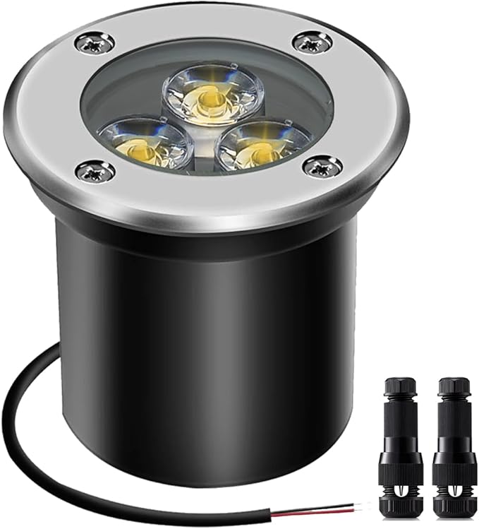 Low Voltage LED In-ground Lights Well Light Landscape Light with Connectors 3W 12V 24V Waterproof IP67 Pathway Lights Outdoor spotlights Trees Flags for Garden,Yard,Tree (Warm White, 3W-1)