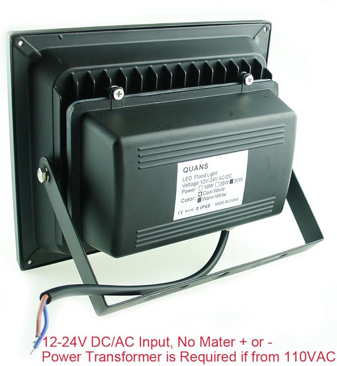 QUANS 30W Watt Warm White 12V 24V AC DC Ultra Bright LED Security Wash Flood Light Floodlight Lamp High Power Black Case Waterproof IP65 Work in The Rain Superbright 3000K, 12-24V Input Low Voltage