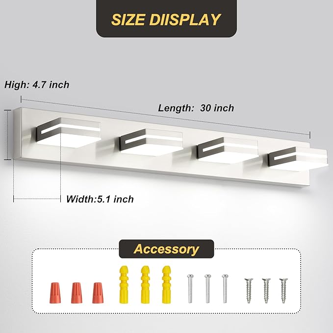 OKELI 4 Lights Bathroom Vanity Light Fixtures Brushed Nickel LED Dimmable Vanity Light Over Mirror Modern Wall Mounted Lighting Fixture, 350° Rotatable Lamp Head 32W Cold White 6000K ETL Listed