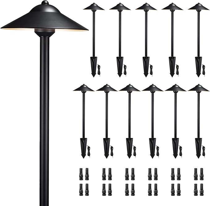 Gardenreet 12v Solid Cast Brass Path Light (9" Shade) - Low Voltage Pathway Lights Outdoor Wired, IP65 Outdoor Landscape Walkway Lighting, Hat Shape Black Garden Decorations Without G4 Bulb (12 Pack)