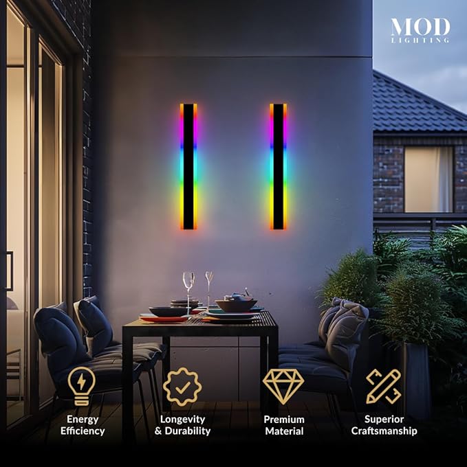 𝗠𝗢𝗗 𝗟𝗜𝗚𝗛𝗧𝗜𝗡𝗚 Haylen RGB | Long Outdoor Wall Lights, 7 Colors and 358 Light Effects, Dimmable with Remote Modern Linear Exterior Light Fixture, Waterproof Wall Sconce 45W, 2-Pack (RGB |24")