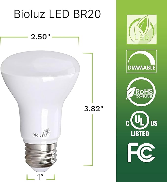 Bioluz LED 10 Pack BR20 LED Bulbs Indoor Flood Light R20 Dimmable High CRI 2700K Warm White, 50 Watt Equivalent Uses 7W, 540 Lumens UL Listed FCC RoHS Compliant