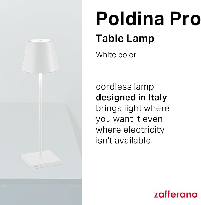 Zafferano, Poldina Pro Lamp, Rechargeable Cordless Table Lamp with Touch Controls, Suitable for Indoor and Outdoor, Dimmer, 2200-3000 K, Height 14.9 Inches, White Color