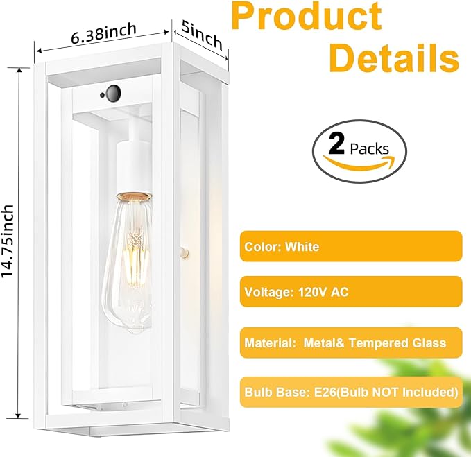 15" Motion Sensor Outdoor Lights, 2 Pack Large White Outdoor Light Fixture, 3 Lighting Modes Waterproof Anti-Rust Wall Sconces, Exterior Lighting Fixtures for Front Door, Porch, Garage