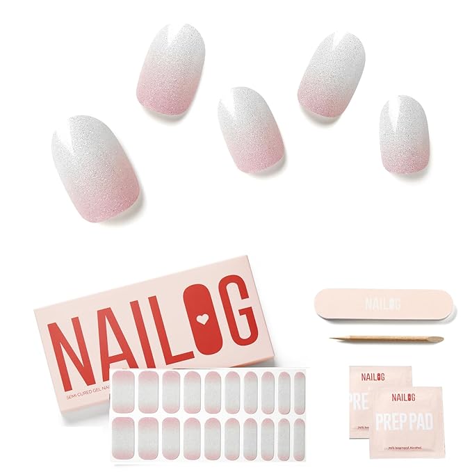 Semi Cured Gel Nail Strips - NAILOG 20 Pcs Gradient Clear Pink Nail Stickers Extra Long Wraps with Glossy Gel Finishing, French Gleam