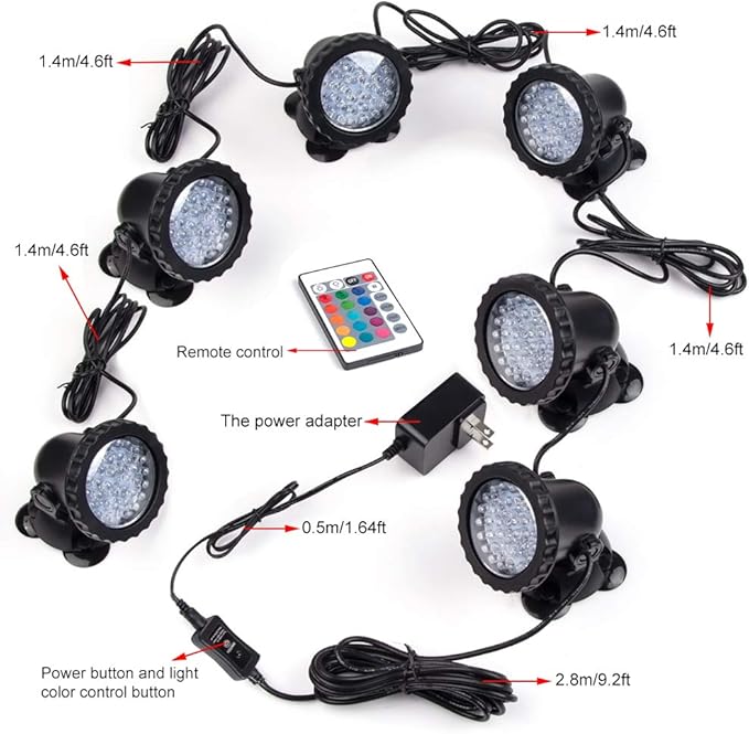 SHOYO Pond Lights Colored with Timer, Underwater Fountain Lights Submersible Memory Dimmable IP68 Waterproof Spotlights for Outdoor Garden Yard Lawn Water Pond Fountain (6 Lights)