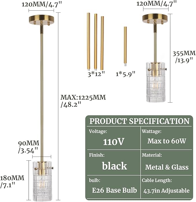 Clear Glass Pendant Light, Modern Cylinder Pendant Lighting with Rigid Rod & Tilt-Swivel Canopy, Adjustable Height up to 47", E26 1-Light for Kitchen Island, Sink, Bar, Dining Room