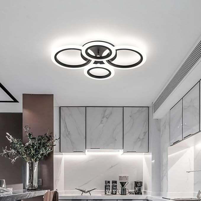 34W Modern LED Ceiling Light, 3000K-6000K Dimmable Ceiling Lighting Fixtures Ceiling Mount 4 Rings Black LED Chandelier Bedroom Lights Flush Mount with Remote for Kitchen, 2720LM