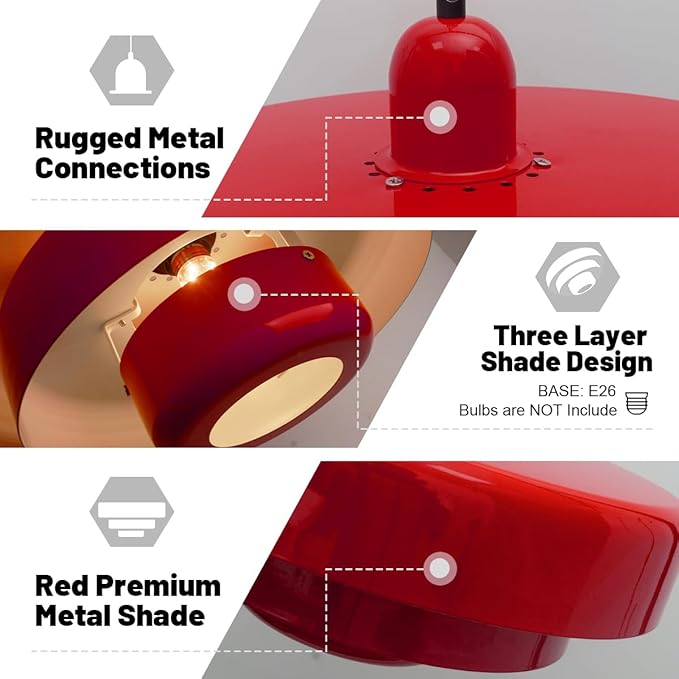Red Pendant Light, Industrial Metal Pendant Light Fixtures, 3-Layer Shade Design, 13.8-inch Dome, Red Finish, Kitchen Light Fixtures for Dining Table
