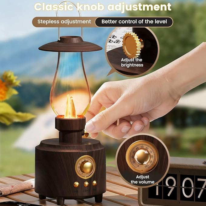 HomeBeyond Vintage Kerosene Table Lamp, Bedside Night Light with Bluetooth Speaker, Rechargeable Bedside Lights, IPX4 Waterproof Camping Lamp for Camping Party Holiday Home Decor Gift (Woodgrain)