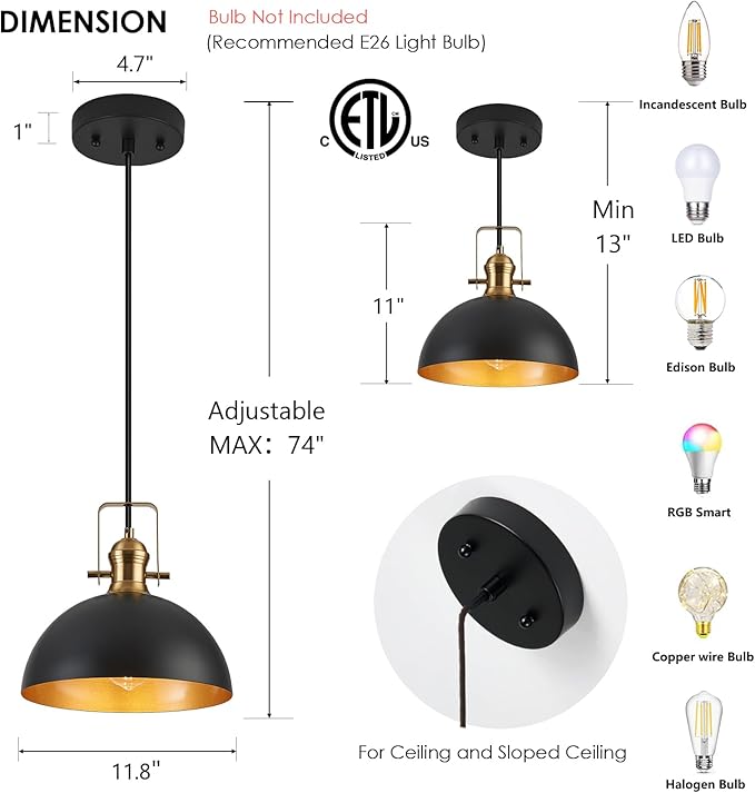 12 Inch Pendant Lights for Kitchen Island Matte Blacks Farmhouse Pendant Light fixtures Adjustable Height Dome Hanging Light for Dinning Room Bedroom Hallway,2 Packs