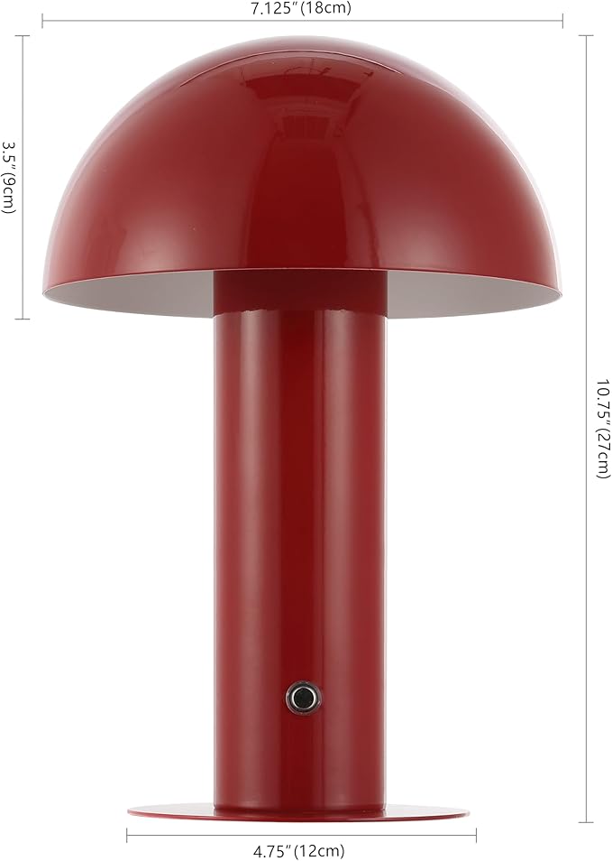 JONATHAN Y 10.75" Red Rechargeable LED Mushroom Table Lamp, Cordless Portable Bedside Lamp for Living Room Bedroom, 3-Way Dimmable Modern Iron Desk Light, Metal Shade (JYL7115G)