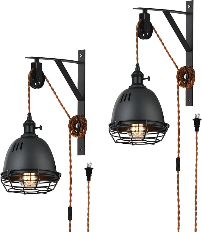 SEEBLEN Vintage Design Industrial Wheel Farmhouse Wall Mount Set of 2,Pulley Wall Pendant Lamp with 7-Foot Brown Plug and Switch, Adjustable Wall Sconce Sand Black Iron Cage Wall Light