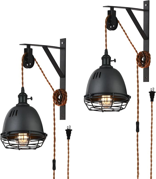 SEEBLEN Vintage Design Industrial Wheel Farmhouse Wall Mount Set of 2,Pulley Wall Pendant Lamp with 7-Foot Brown Plug and Switch, Adjustable Wall Sconce Sand Black Iron Cage Wall Light