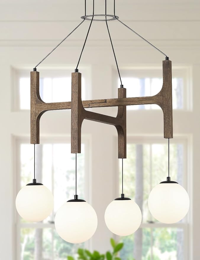 Vintage Milk Glass Pendant Light, Mid Century Wood Chandelier with Rustic Farmhouse Design, 4-Light Hanging Fixture for Kitchen Island, Dining Room, Bedroom Stairwell