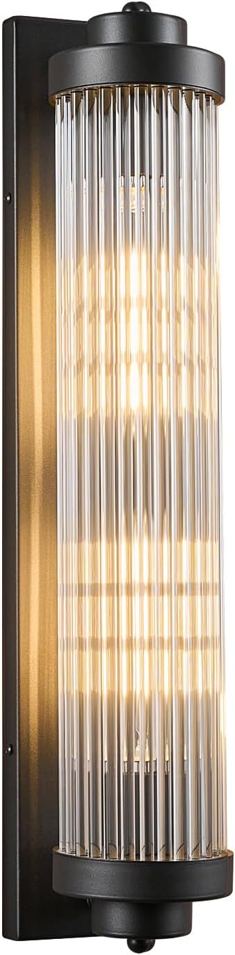 Black Wall Sconces with Crystal Glass Strip Bathroom Sconces 2 Light E12 Base Modern Wall Lights for Bedroom Living Room Hallway Wall Light Fixtures (1 Pack)
