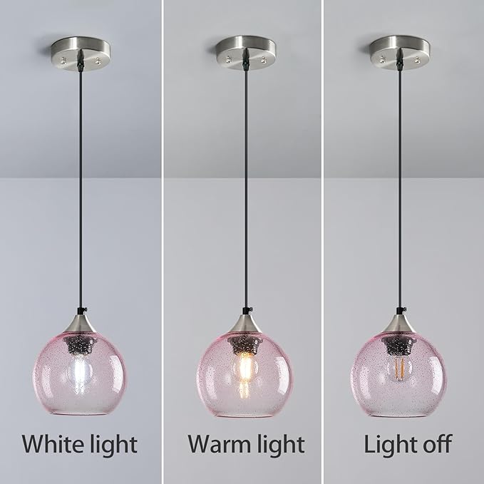 Pink Glass Pendant Lights Kitchen Island Globe Pendant Light Fixtures Modern Pendant Lighting for Bedroom Living Dining Room Light Fixture (5.9 in, 2 Pack)