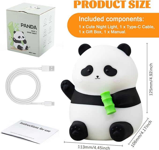 Panda Silicone Night Light for Kids, 50+ Hours Long Battery Life Squishy Touch Lamp with Auto Off Timer, Cute Rechargeable Nightlight for Toddler Baby Nursery Easter Gift