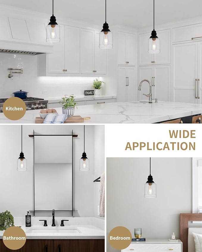 WILON Modern Glass Pendant Lights for Kitchen Island, 6.29" Mini Pandent Light Fixture with Seeded Glass Shade Black Farmhouse Pendant Lights E26 Base Hanging Kitchen Lights for Sink Dinging Room