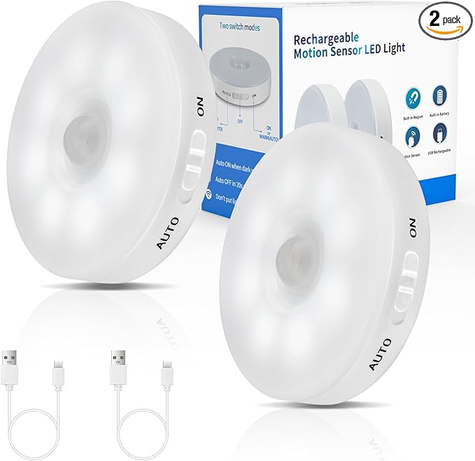 Improved LED Rechargeable Motion Sensor Light Indoor, Bright & Long-Lasting Battery, Stick-On Motion Sensor Puck Night Lights for Closet, Cabinet, Kitchen, Hallway, Stairs - Cool 2Pack