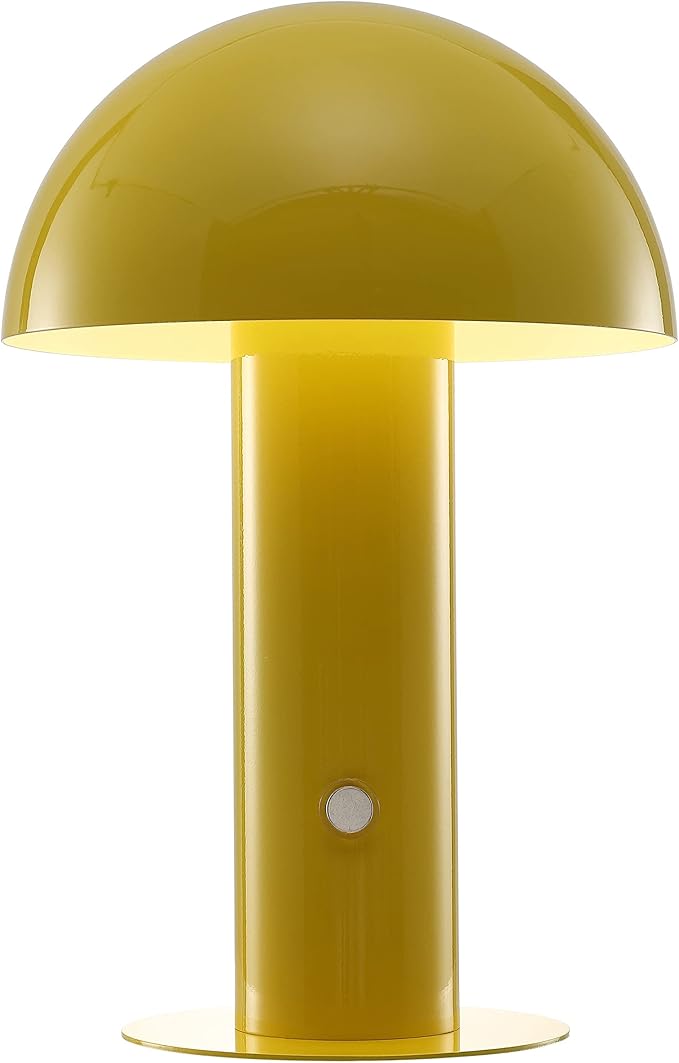 JONATHAN Y 10.75" Yellow Rechargeable LED Mushroom Table Lamp, Cordless Portable Bedside Lamp for Living Room Bedroom, 3-Way Dimmable Modern Iron Desk Light, Metal Shade (JYL7115C)
