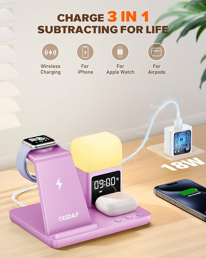 6 in 1 Wireless Charging Station for Apple Charging Station for Multiple Devices with Alarm Clock and Night Light nightstand Charging Station for iPhone 15 14 13 for Apple Watch(Pink)