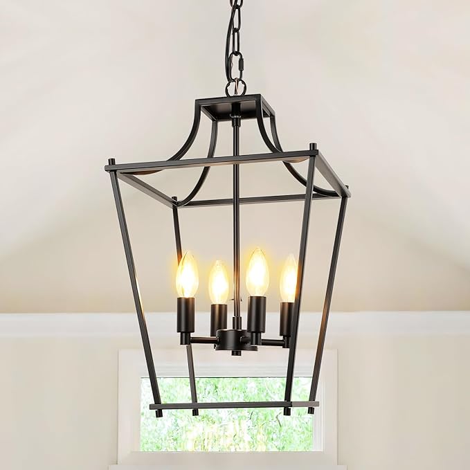 Black Lantern Pendant Light 4-Light Pendant Light Fixtures Hanging Farmhouse Chandelier with E12 Bulb Base, 12" Adjustable Lantern Light Fixture for Dining Room Kitchen Foyer