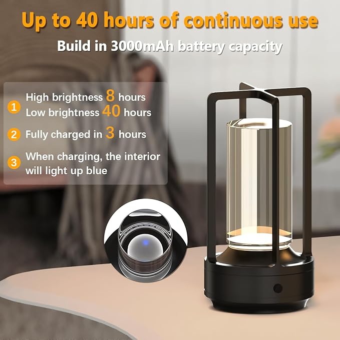 Cordless Portable Table Lamp Rechargeable for Indoor/Outdoor, 3000mAh Small Battery Powered Operated Lights, 3 Color Modes Dimmable Waterproof, LED Desk Lamp for Restaurant/Bedroom/Camping (Black)