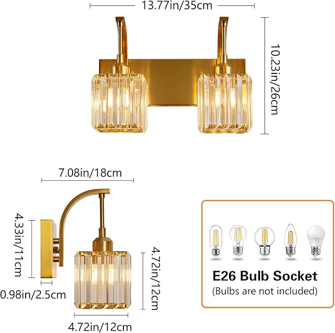 Crystal Vanity Lights 2-Light Gold Wall Lamp Modern Crystal Bathroom Light Fixtures Over Mirror 13.77" Long Bathroom Wall Sconce