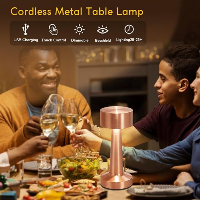 Portable LED Table Lamp, 3-Levels Brightness Metal Desk Lamp,3 Color Touch Control Rechargeable Lamp, Ideal Bedside Lamp for Nightstand,Bedroom, Living Room (Rose Gold)