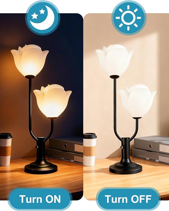 Lightdot Women Bedside Table Lamps for Bedroom, 2-Light Cute Flower Desk Lamp with Bulbs Included, 0-100% Stepless Dimmable Black Nightstand Lamp, Floral Lamp for Living Room, Home Office,Reading