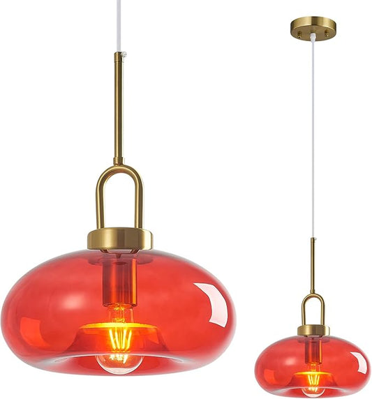 Red Glass Pendant Lights Kitchen Island Gold Pendant Light Fixtures Adjustable Height Modern Pendant Lighting for Bedroom Dining Room (1-Pack)