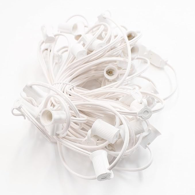 50FT C7 Light String Christmas Stringer, E12 Christmas Sockets 12" Spacing, C7 Stringer Set Green Outdoor String Light for Wedding Patio Event Lighting Decor, White Wire