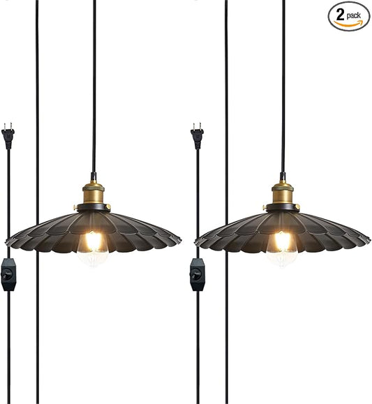 Plug in Hanging Light,15.7 Inch Retro Black Metal Shade Plug in Hanging Lamp On/Off Switch Dining Room Hallway Vintage Hanging Pendant Light for Farmhouse 2Pack
