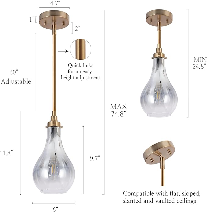 KSANA Pendant Light Kitchen Island, Gold Pendant Lighting with Colored Glass for Dining Room Modern Electroplated Hanging Light Fixtures for Kitchen, Hallway, Foyer, Entryway