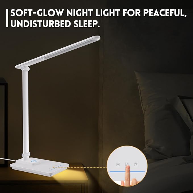 LED Desk Lamp for Home Office, USB Charging Port, Reading Desk Light with 5 Color Temperatures, Stepless Dimming, Table Lamp with Timer, Night Light, Foldable Desk Lamp for College Dorm Room (White)