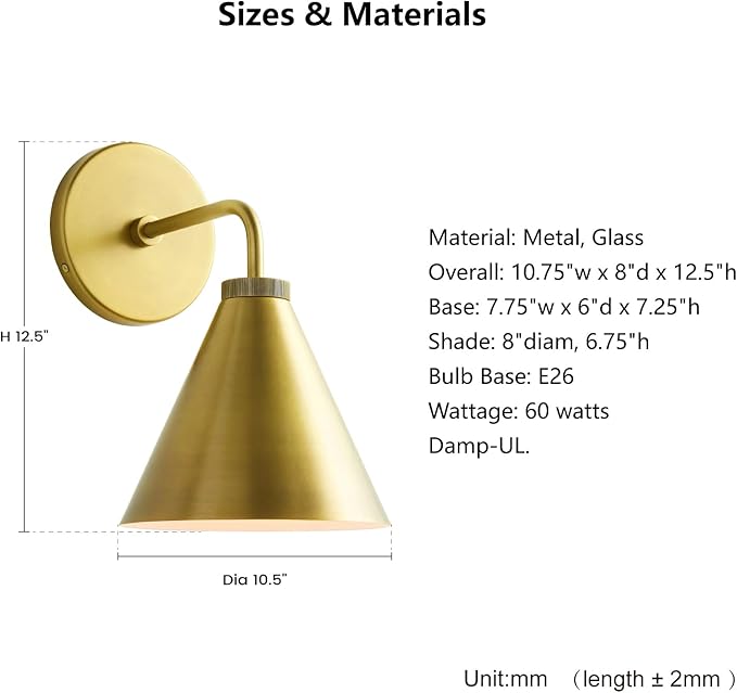 Retro Industrial Metal Cone Sconce Light - Vintage-Inspired Modern Gold Wall Sconce with Metal Shade, Wall Mount Lighting for Bedroom, Hallway, Living Room (Gold, 11 inch)