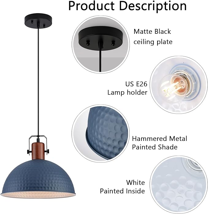 12 Inch Blue Pendant Lights Hammered Matte Pendant Lights for Kitchen Island Industrial Farmhouse Adjustable Height Dome Hanging Light Fixtures for Barn, Dining Room 1 Pack