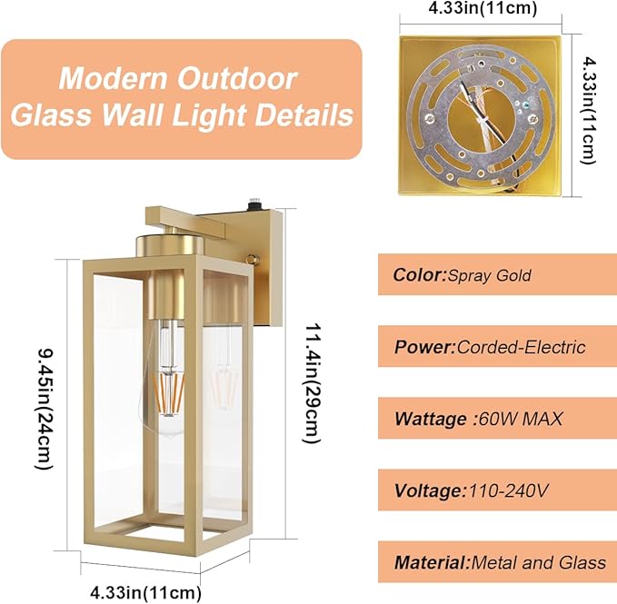 Tipace Dusk to Dawn Outdoor Wall Lantern, Exterior Wall Sconce Sensor Light Fixture, Golden Wall Mount Lights, Gold Outdoor Wall Lights with Clear Glass Shade for Garage, Doorway