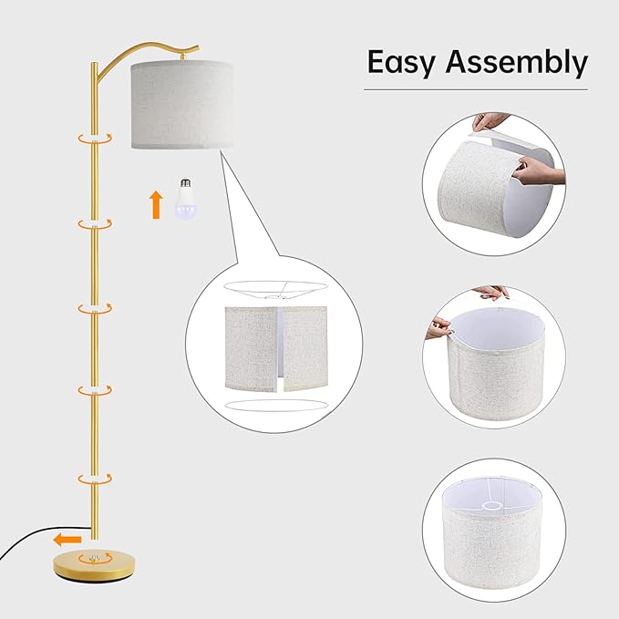 BoostArea Floor Lamp for Living Room,LED Arched Standing Lamp,Tall Modern Standing Lamp with Linen Shade,E26 Socket,Footswitch,Mid Century Gold Floor Lamps for Bedrooms,Office,Double-Layer lampshade