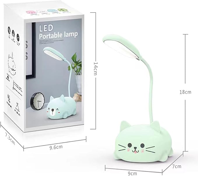 LED Desk Lamp for Kids, Cute Cat Lamp USB Rechargeable Reading Light,Portable LED Table Light, Flexible Gooseneck Eye-Care Cartoons Small Desk Lamp Girls Gifts (Green)