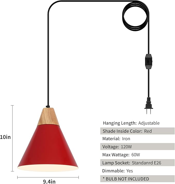Red Plug in Pendant Light, 2 Pack 9.4inch Hanging Lights with Plug in Cord 14.7 ft, Hanging Pendant Light, Hanging Lamp Plug in for Bedroom Living Room Kitchen Island