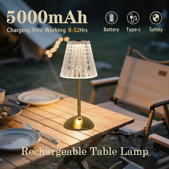 Crystal Table Lamp, 5000mAh Rechargeable Battery Lamp with Touch Control, 3 Color Temperatures, Dimmable Brightness, Matte Aluminum Light for Bedroom/Bar/Kitchen/Outdoor, Gift for Home Décor