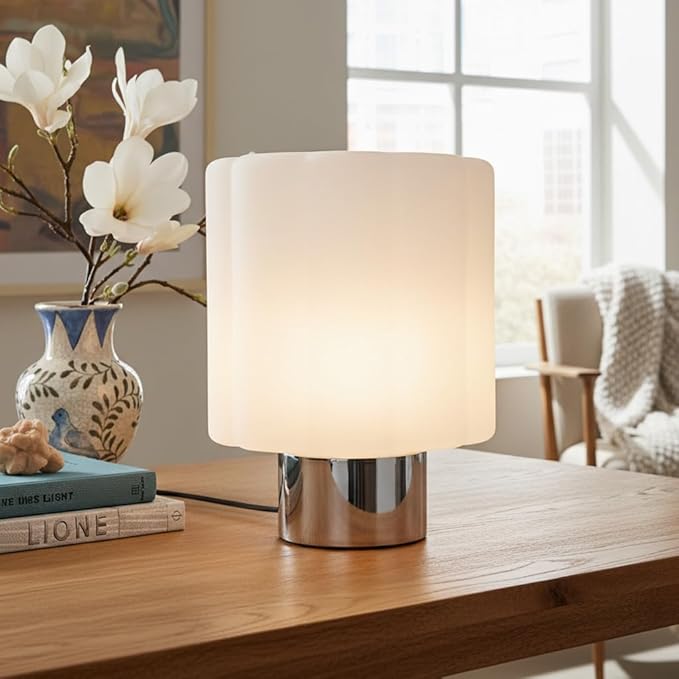 Brightech Addison LED Table Lamp – 9” Small Modern Desk Light with Fluted, Frosted White Glass Shade, Chrome Metal Base - Warm Ambient Light, Decorative Ambient Lamp for Bedroom, Living Room, Bedside