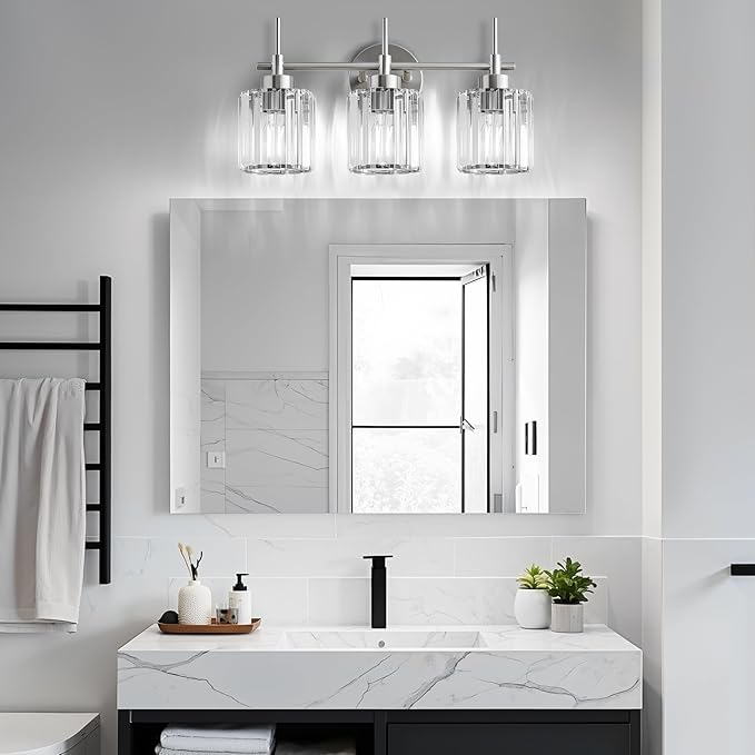 3 Light Crystal Bathroom Light Fixtures, Brushed Nickel Vanity Mirror Lights, Crystal Bath Vintage Wall Mounted Lamps Wall Light Fixtures for Bathroom, Living Room